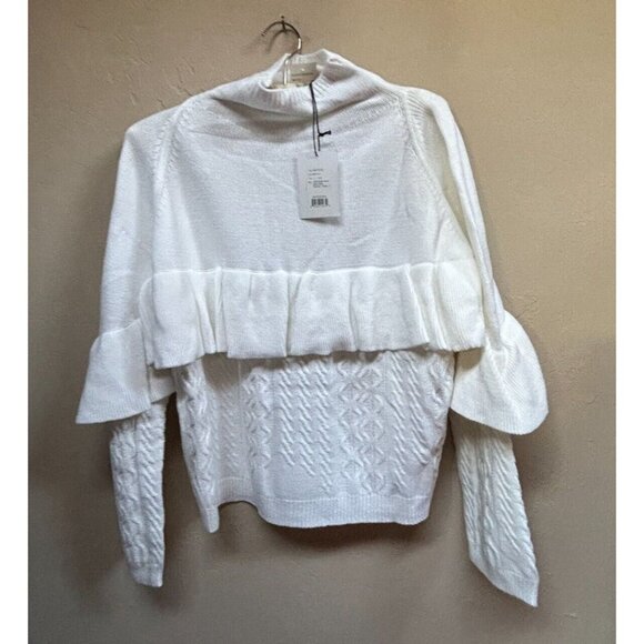 New Project Naadam White Mock neck Cable Knit Chunky Ruffle Sweater Women Large - Picture 1 of 10